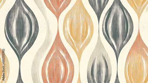 Whimsical ikat pattern with flowing shapes in warm colors for decor