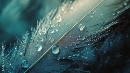 Raindrops glisten on a delicate feather resting on a soft surface in a serene...