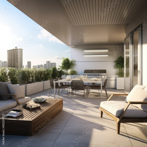 Modern Rooftop Terrace with City View and Outdoor Kitchen