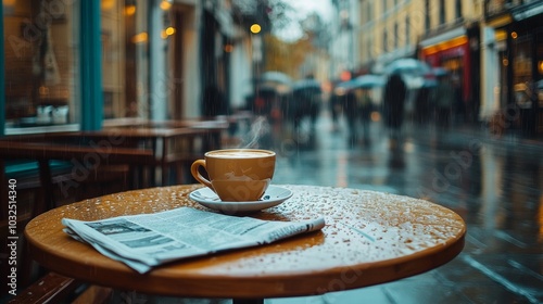 A warm coffee rests on a wet table beside a newspaper on a bustling, rainy day