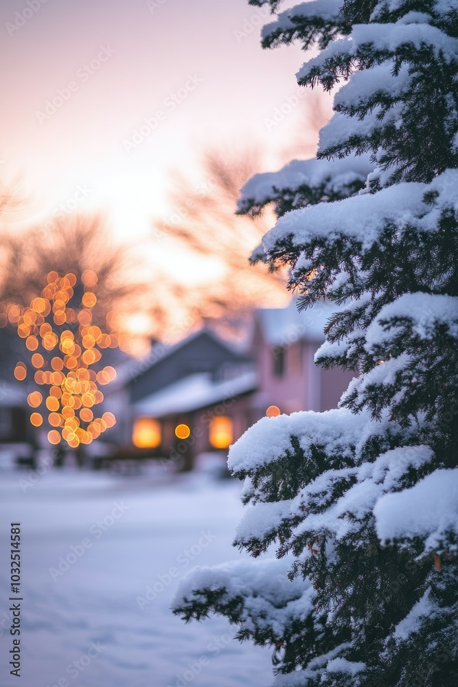 Snow-Covered Evergreen Branch with Blurry Lights and Houses in Background Snow-Covered Evergreen Branch with Blurry Lights and Houses in Background