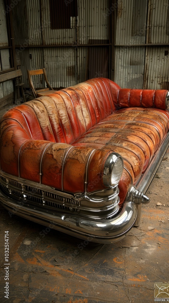 Obraz premium Vintage Car-Inspired Leather Sofa with Chrome Accents