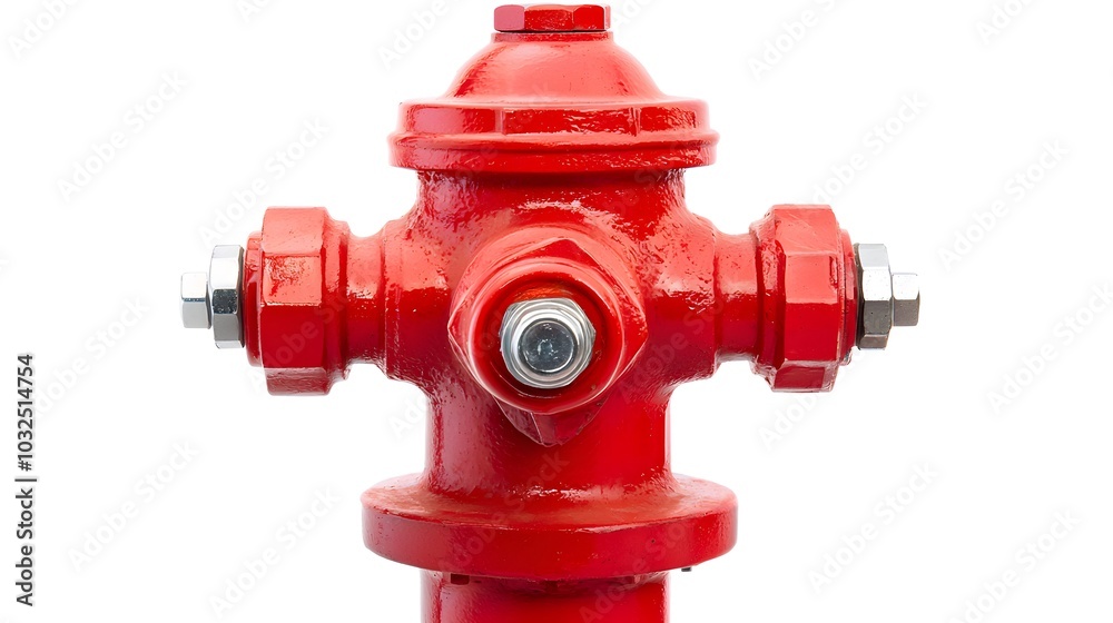A classic red fire hydrant, isolated on a white background, with bright metal details and bolts visible A classic red fire hydrant, isolated on a white background, with bright metal details and bolts visible