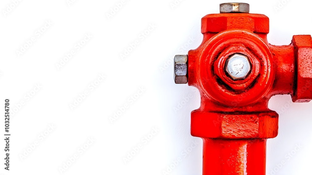 A classic red fire hydrant, isolated on a white background, with bright metal details and bolts visible A classic red fire hydrant, isolated on a white background, with bright metal details and bolts visible
