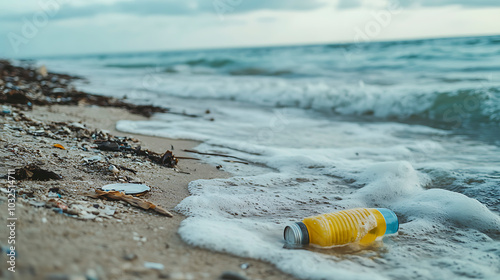 Heavily Polluted Beach Strewn with Ocean Garbage and Debris