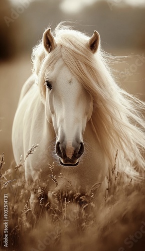 Majestic white horse grazing in a sunlit meadow with flowing mane during gold...