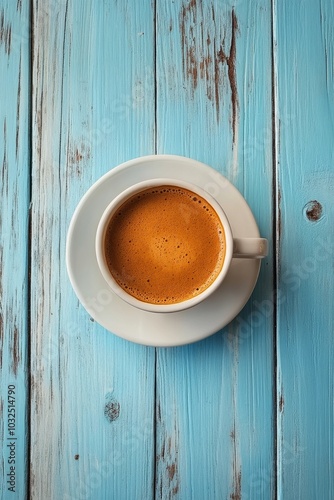 A close up of a steaming cup of coffee on a rustic blue wooden table in the m...