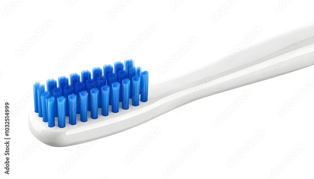 A classic white toothbrush with blue bristles, isolated on a white background, showcasing its simple, everyday design