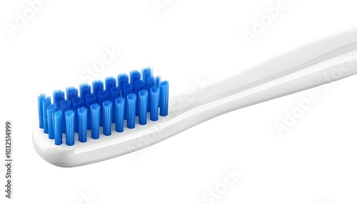 A classic white toothbrush with blue bristles, isolated on a white background, showcasing its simple, everyday design photo