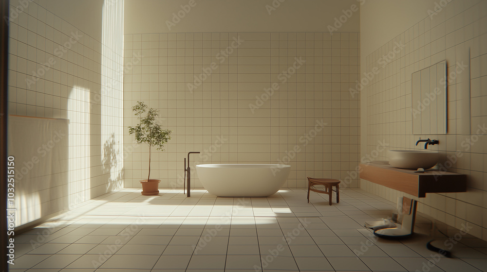 Fototapeta premium Bright, minimalist bathroom with white tiles and modern fixtures