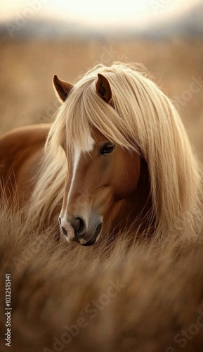 Majestic white horse grazing in a sunlit meadow with flowing mane during golden hour