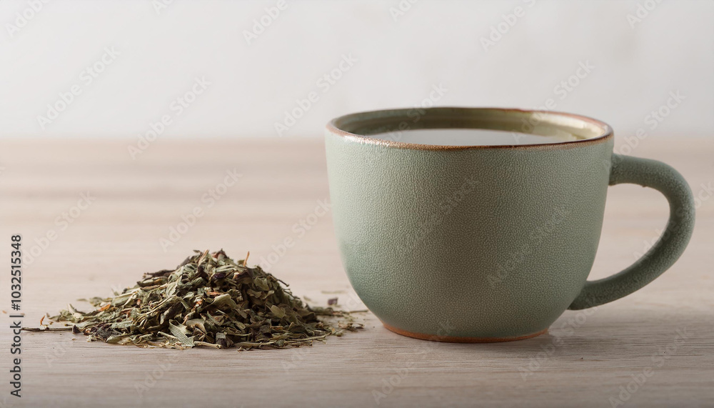 Ceramic cup of natural tea and heap of dried herbs on wood table. Tasty and healthy drink. Ceramic cup of natural tea and heap of dried herbs on wood table. Tasty and healthy drink.