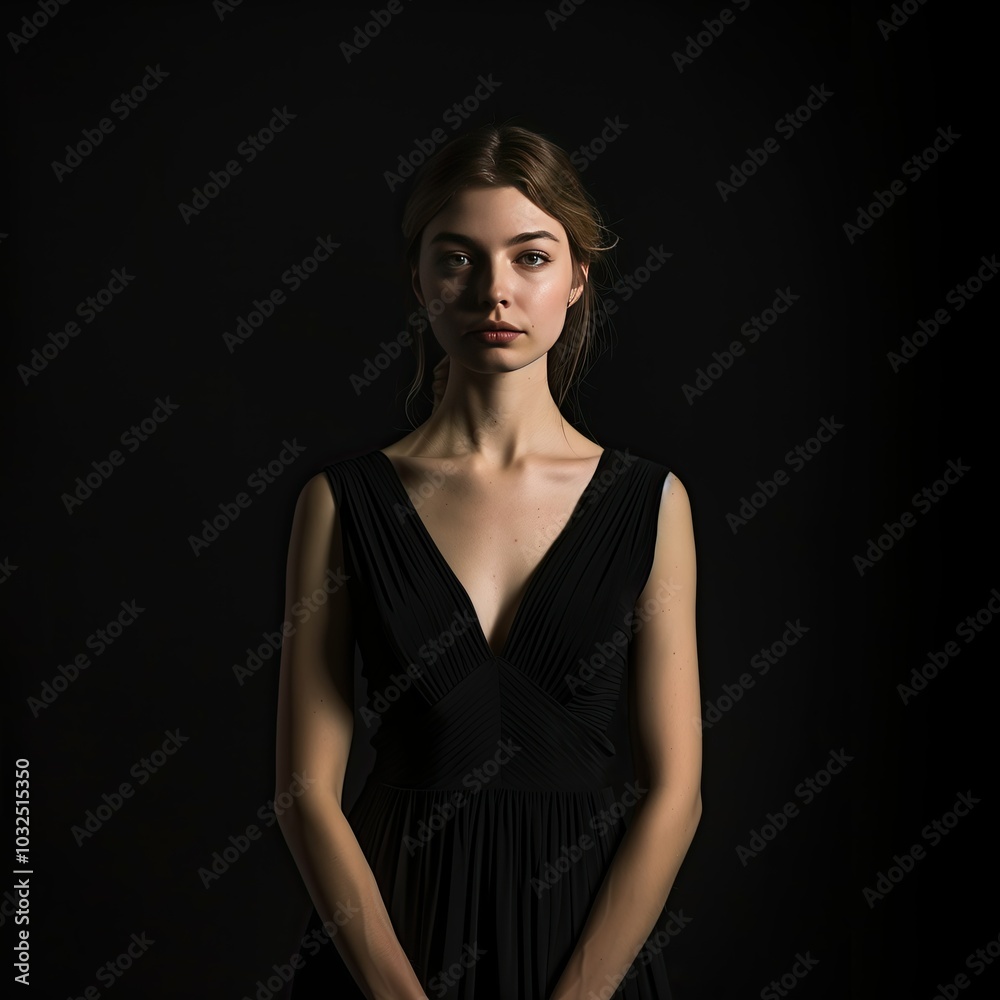 Young Woman in Black Dress Against Dark Background Young Woman in Black Dress Against Dark Background