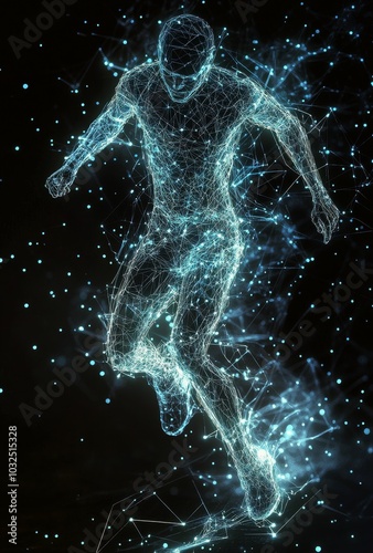 A futuristic representation of a running figure surrounded by a cosmic energy...