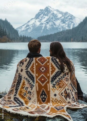 A couple enjoys a relaxing moment by the serene lake surrounded by majestic m...