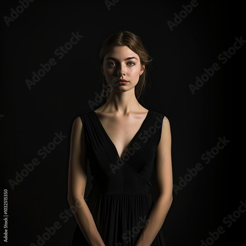 Young Woman in Black Dress Against Dark Background
