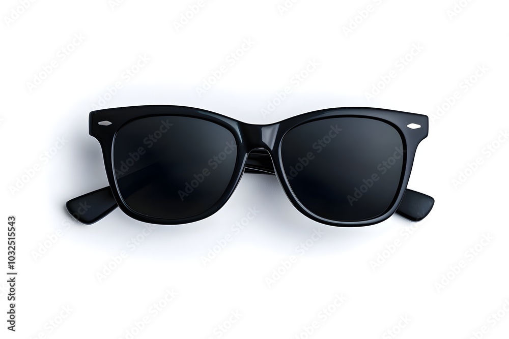 A pair of classic black sunglasses, isolated on a white background, with dark lenses and a sleek frame design A pair of classic black sunglasses, isolated on a white background, with dark lenses and a sleek frame design