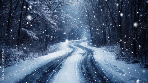 Snowy road winding through tranquil forest, gentle falling flakes and snow-covered trees create peaceful winter scene. Winter tranquility and nature