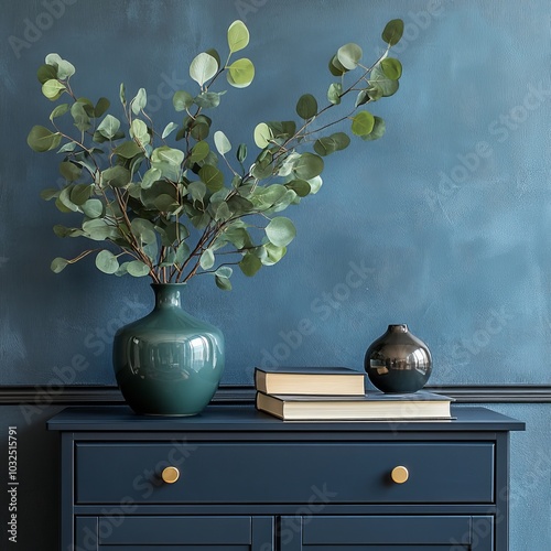 Minimalist composition of elegant home office space with design chair, black vase with leaf, sculpture, book and personal accessories. Copy space. Minimalist home decor, Generative AI