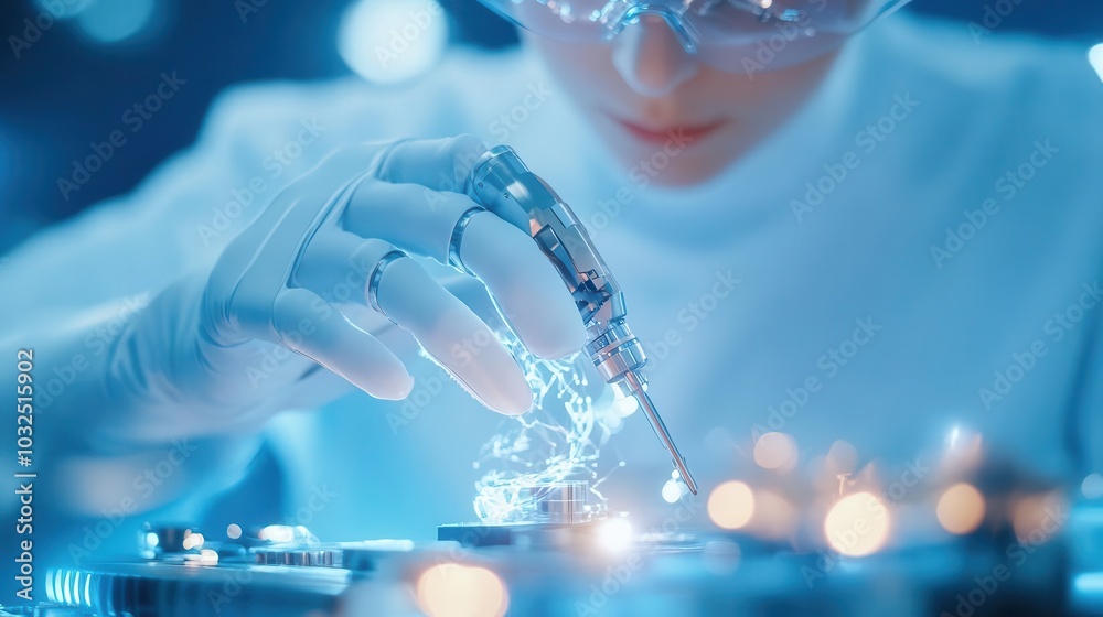 Close-up of a scientist working with a circuit board in a lab. Close-up of a scientist working with a circuit board in a lab.
