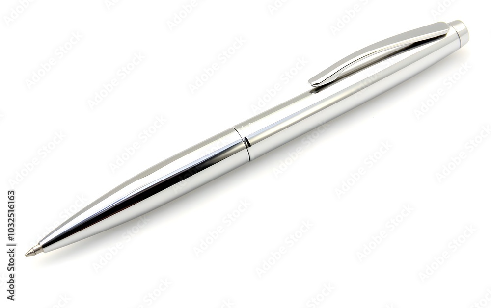 A silver ballpoint pen with a polished finish, isolated on a white background, showcasing its smooth, sleek lines and reflective surface A silver ballpoint pen with a polished finish, isolated on a white background, showcasing its smooth, sleek lines and reflective surface