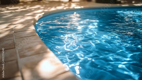 Clear blue water glistening in the evening sun beside a tranquil swimming pool