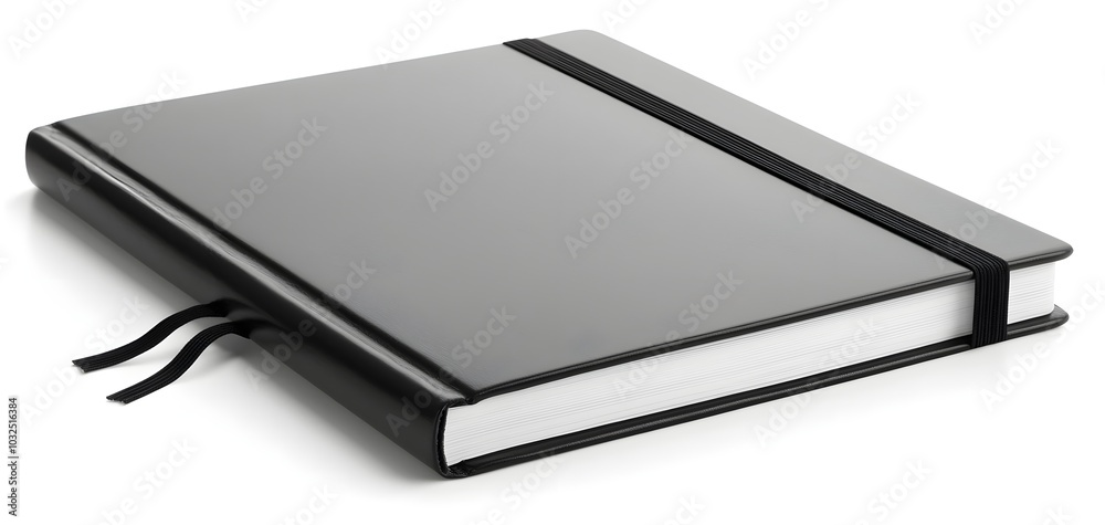 A single black leather-bound notebook, isolated on a white background, with a simple elastic band and clean lines A single black leather-bound notebook, isolated on a white background, with a simple elastic band and clean lines