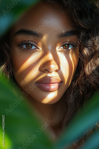 Natural light illuminating a womans face through leaves in a serene outdoor s...