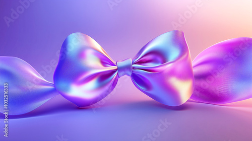 A vibrant, shiny 3D bow with silky smooth ribbons in iridescent shades of purple, blue, and pink. evoking a futuristic and luxurious feel.