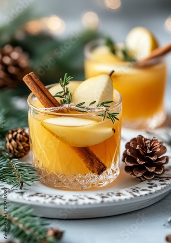 Festive autumn drinks garnished with apples, cinnamon, and fresh greenery on ...