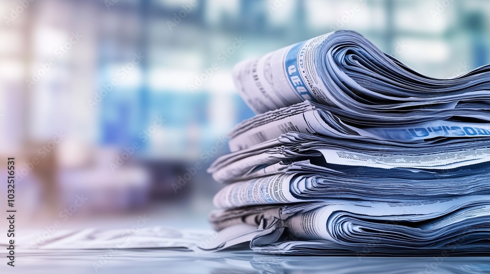 Close-up of a neatly stacked pile of newspapers placed on a table, with a soft blue and white gradient background. The composition emphasizes rich details in the printed material, featuring subtle hig Close-up of a neatly stacked pile of newspapers placed on a table, with a soft blue and white gradient background. The composition emphasizes rich details in the printed material, featuring subtle hig