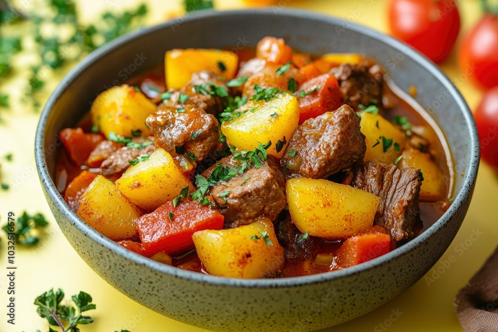 Beef Stew with Potatoes, Carrots, and Herbs in a Gray Bowl Beef Stew with Potatoes, Carrots, and Herbs in a Gray Bowl