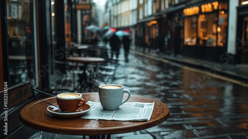 A warm coffee rests on a wet table beside a newspaper on a bustling, rainy day