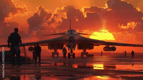 Nuclear Aircraft on Runway at Sunset with Military Personnel Preparing for Takeoff photo