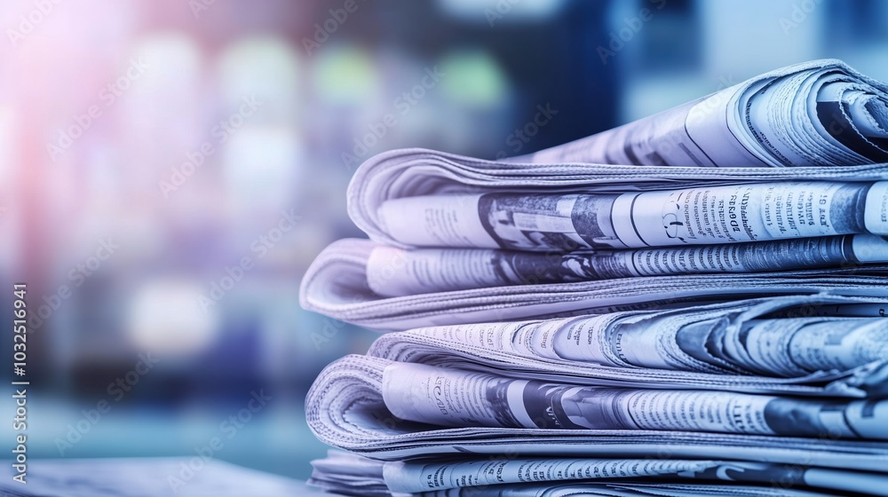 Close-up of a neatly stacked pile of newspapers placed on a table, with a soft blue and white gradient background. The composition emphasizes rich details in the printed material, featuring subtle hig Close-up of a neatly stacked pile of newspapers placed on a table, with a soft blue and white gradient background. The composition emphasizes rich details in the printed material, featuring subtle hig