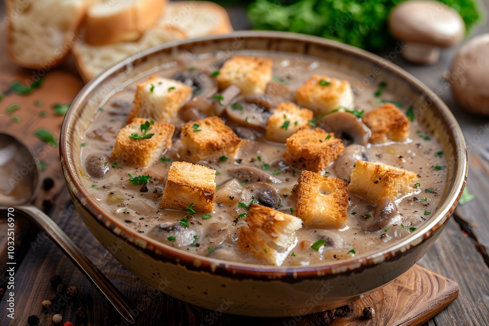 Creamy Mushroom Soup with Crispy Croutons and Fresh Herbs Creamy Mushroom Soup with Crispy Croutons and Fresh Herbs