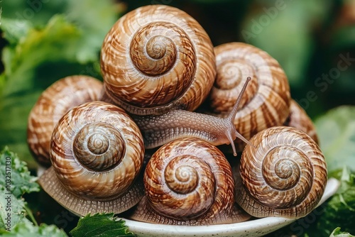 Group of Snails with One Extended Tentacle on a White Plate