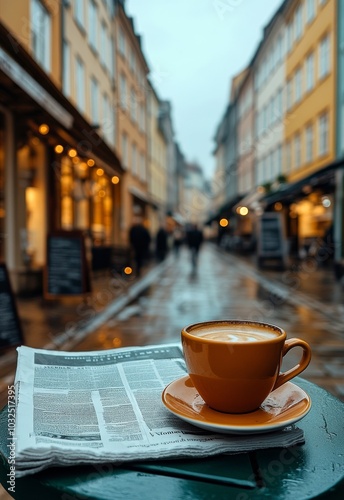A cozy coffee cup on a table in a charming alleyway with shops on a rainy mor...