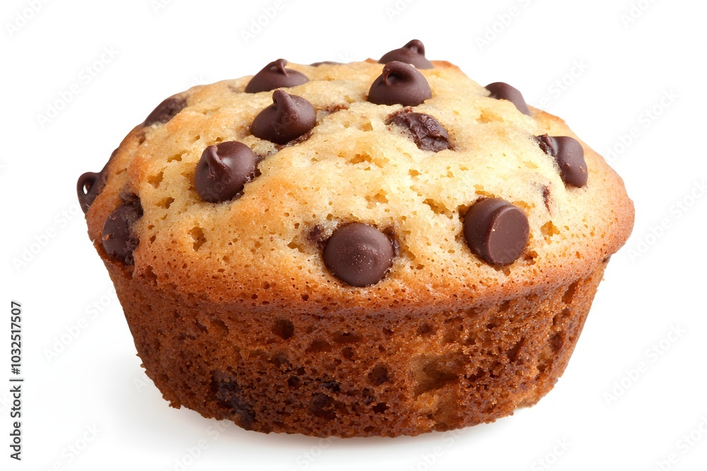 A single chocolate chip muffin, isolated on a white background, with a golden top and visible chocolate chips A single chocolate chip muffin, isolated on a white background, with a golden top and visible chocolate chips