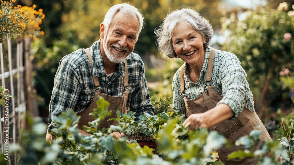 Active senior couple gardening together in their backyard