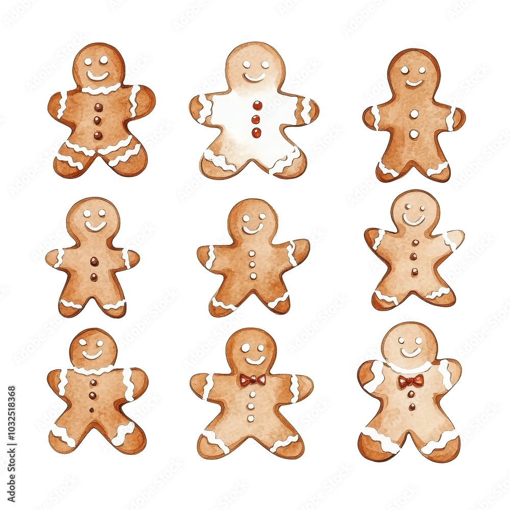 Fototapeta premium Charming minimalistic watercolor illustration of Christmas gingerbread cookies arranged in a festive pattern, Minimalistic Watercolor Christmas Gingerbread Illustrations on transparent background