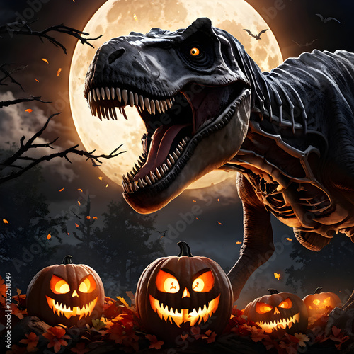 Tyrannosaurus rex T-rex dinosaur with Jack O Lantern Halloween Pumpkins Prehistoric Extinct Scary Carnivore Dino Monster Natural Reptile Full Moon Night background