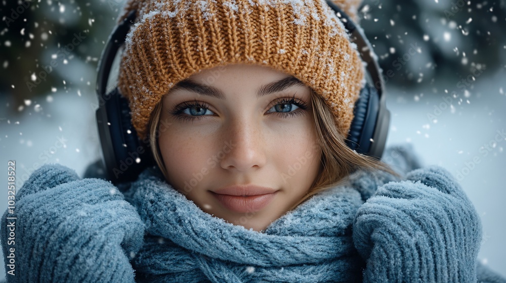 A young woman with blue eyes, wearing a beanie and scarf, listens to music while standing in a snowy forest. A young woman with blue eyes, wearing a beanie and scarf, listens to music while standing in a snowy forest.