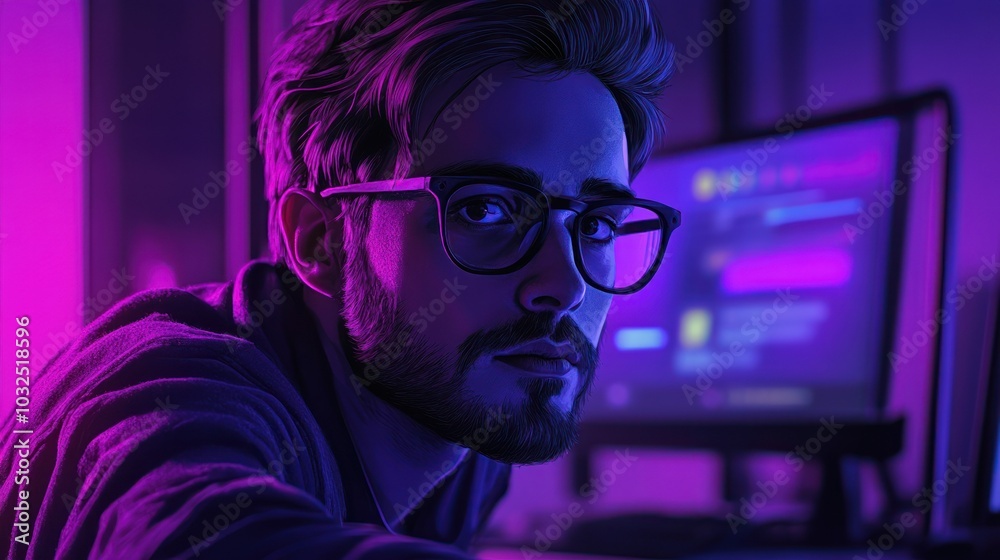 A man with a beard and glasses looks intently at the camera while sitting in front of a computer with a blue and pink light. A man with a beard and glasses looks intently at the camera while sitting in front of a computer with a blue and pink light.