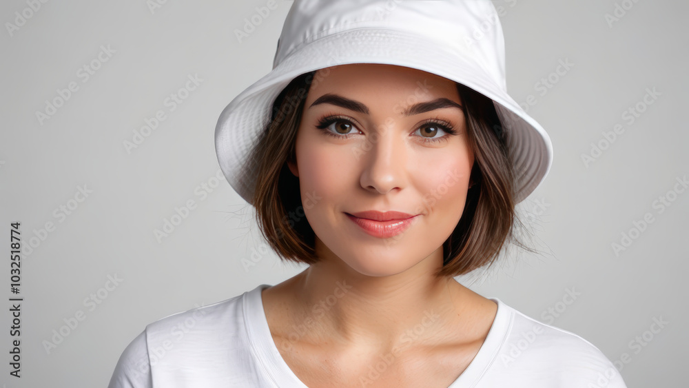 Woman with short hair wearing white t-shirt and white bucket hat isolated on grey background