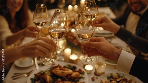 Friends celebrating with drinks around a beautifully set table during an even...