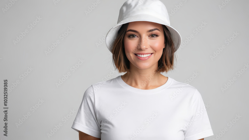 Woman with short hair wearing white t-shirt and white bucket hat isolated on grey background Woman with short hair wearing white t-shirt and white bucket hat isolated on grey background