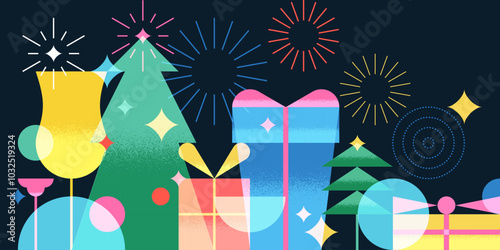 Christmas, New Year night party banner, poster, greeting card. Vector illustration. Abstract geometric holiday design