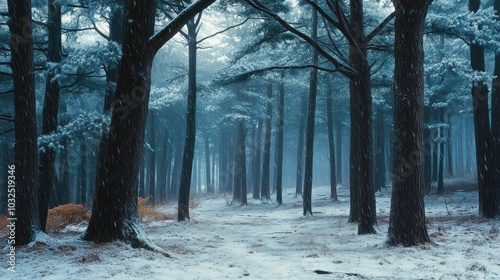 A serene winter forest scene with snow-covered trees and a misty atmosphere.