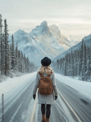 Person with a backpack walking on a snowy road surrounded by mountains in winter